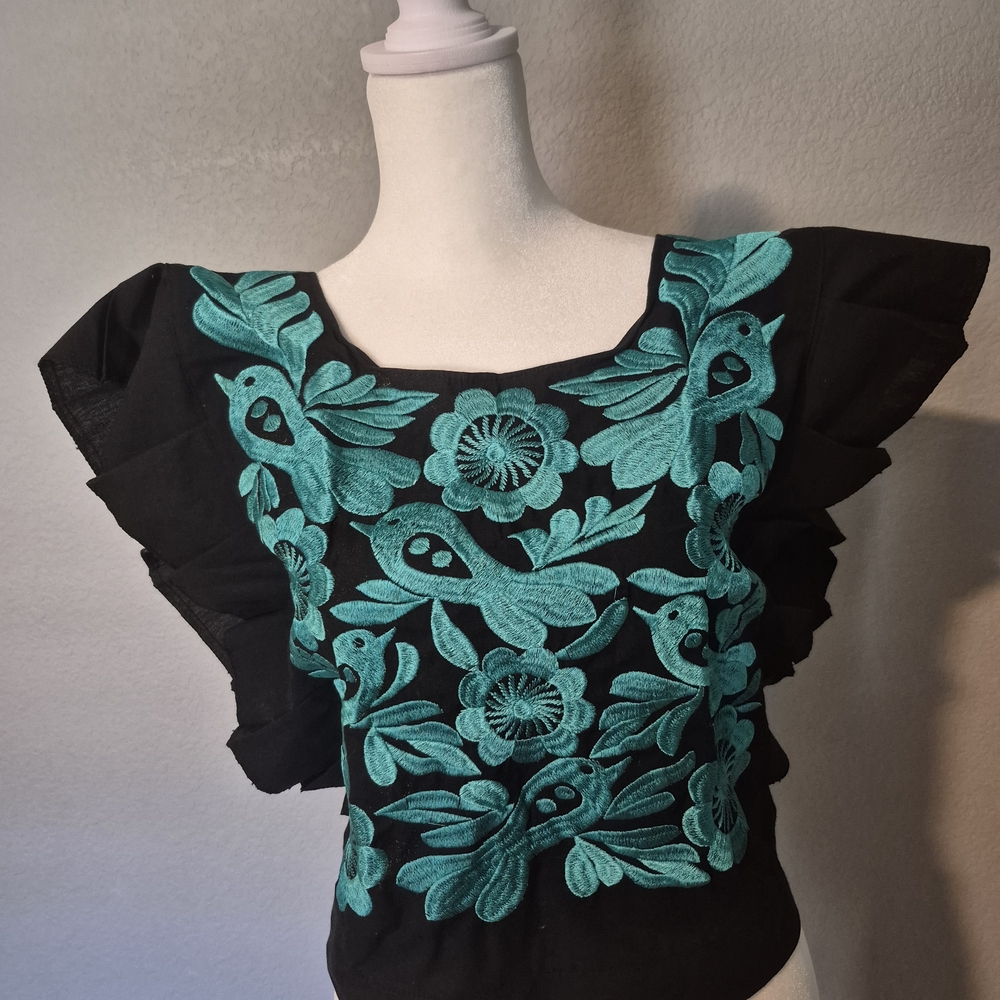 Floral Embroidered Black and Green Blouse